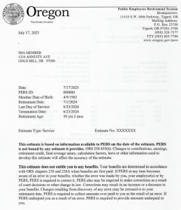 Oregon PERS Benefit Estimate, page 1